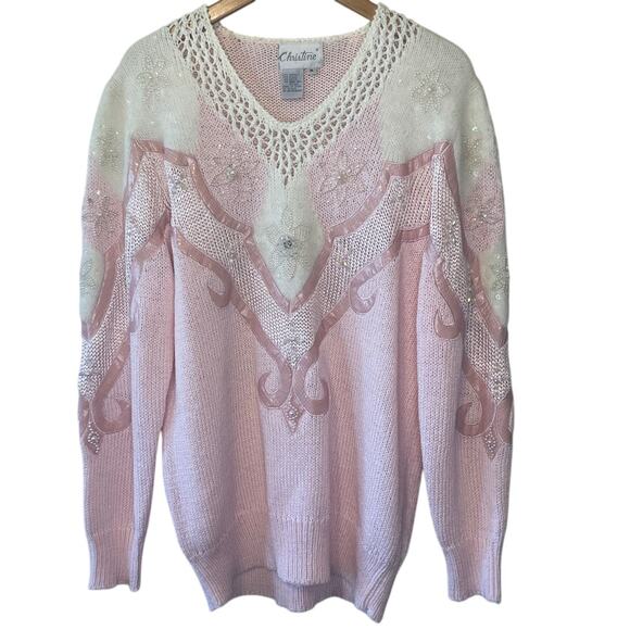 Christine Sweaters - VTG Christine Embellished Beaded Fuzzy Cozy Grandma Pink White Sweater Medium